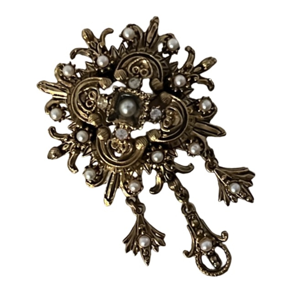 Vintage Art Deco French Fluer De Lis Gold Plated and Pearl Brooch - Picture 3 of 9